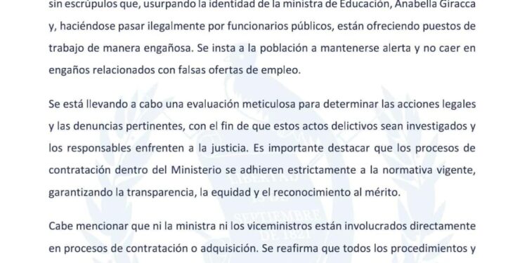 Alerta sobre estafas de empleo en nombre de la Ministra de Educación