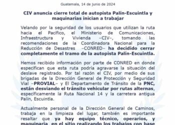 CIV anuncia cierre total de autopista Palín-Escuintla y maquinarias inician a trabajar