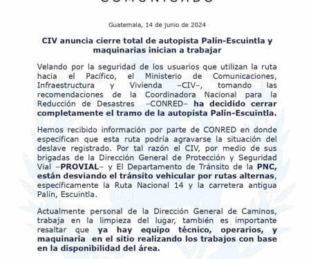 CIV anuncia cierre total de autopista Palín-Escuintla y maquinarias inician a trabajar