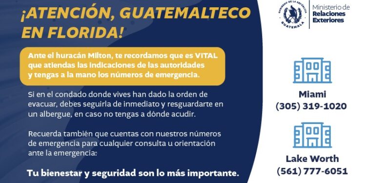 Red Consular de Guatemala en Florida, EE. UU., mantiene comunicación con guatemaltecos por la llegada del huracán Milton