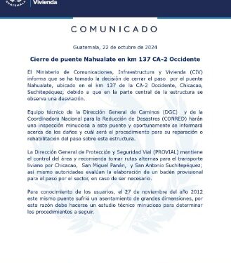 Cierre de puente Nahualate en km 137 CA-2 Occidente