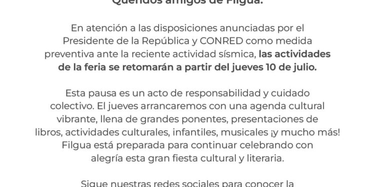 Editorial Cultura y FILGUA suspenden actividades de este 9 de julio