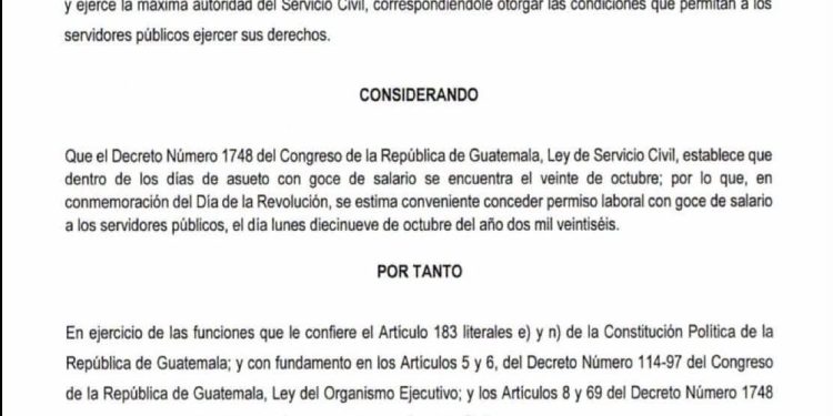Presidente Arévalo oficializa permiso laboral con goce de salario para el 19 de octubre
